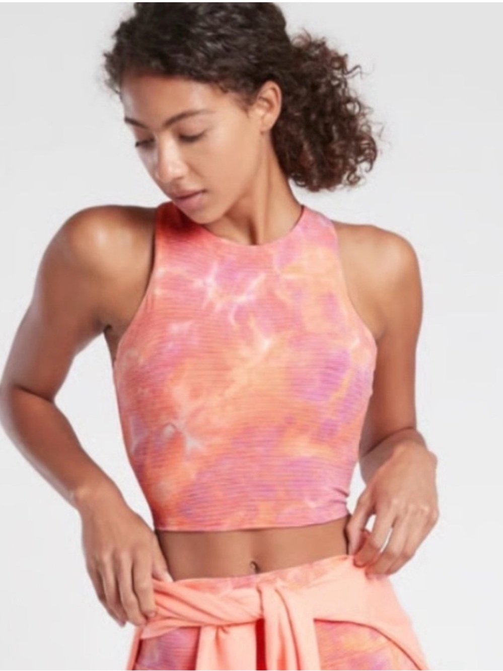Athleta Pink and Orange Tie-Dye High-Neck Cropped Tank with built in bra
